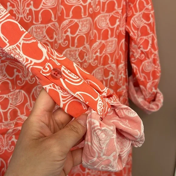 Crown & Ivy Long Sleeve Roll Tab Coral Orange White Novelty Print Size 6 Dress - Picture 4 of 10